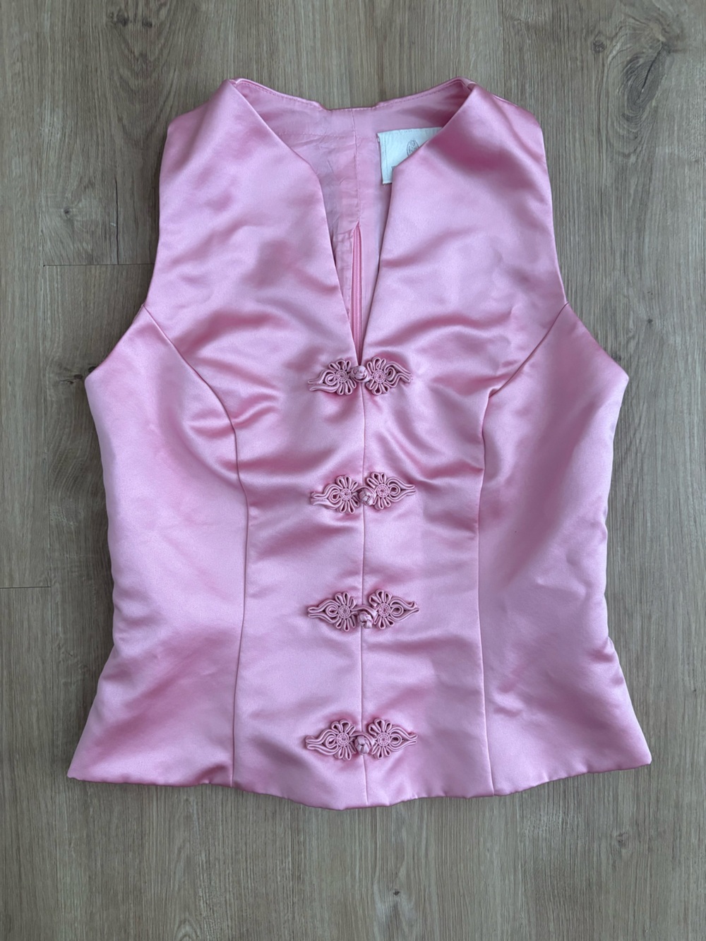 Watters and Watters Pink Satin Sleeveless Mandarin-Inspired Top